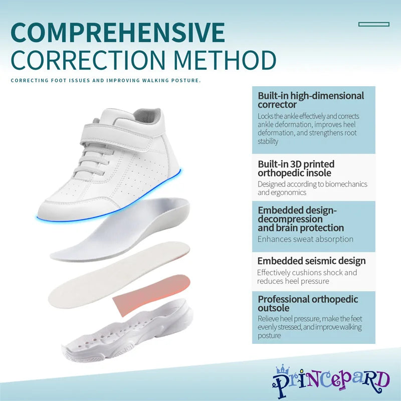 Princepard Orthopedic Kid Sneakers White Color Back to School Children's Casual Shoes for Girls Boys with High Top Arch Support