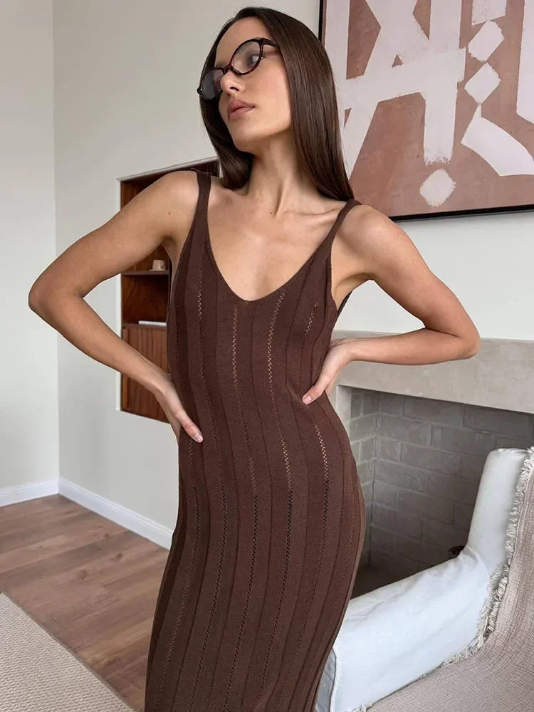 Trendix Knit Backless Maxi Dress For Women V Neck Sleeveless Beach Vacation