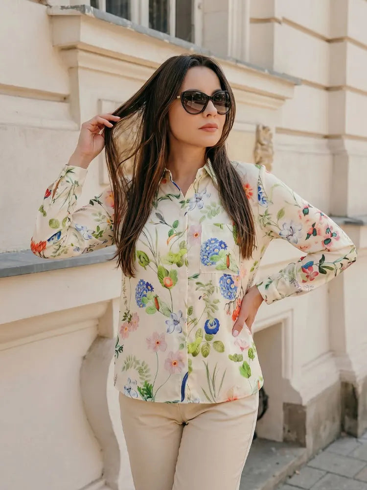 Women Fashion New Retro Flower Print Shirt Long Sleeve Single Breasted Lapel Tops Casual Outfits Blouse For Women Shirts