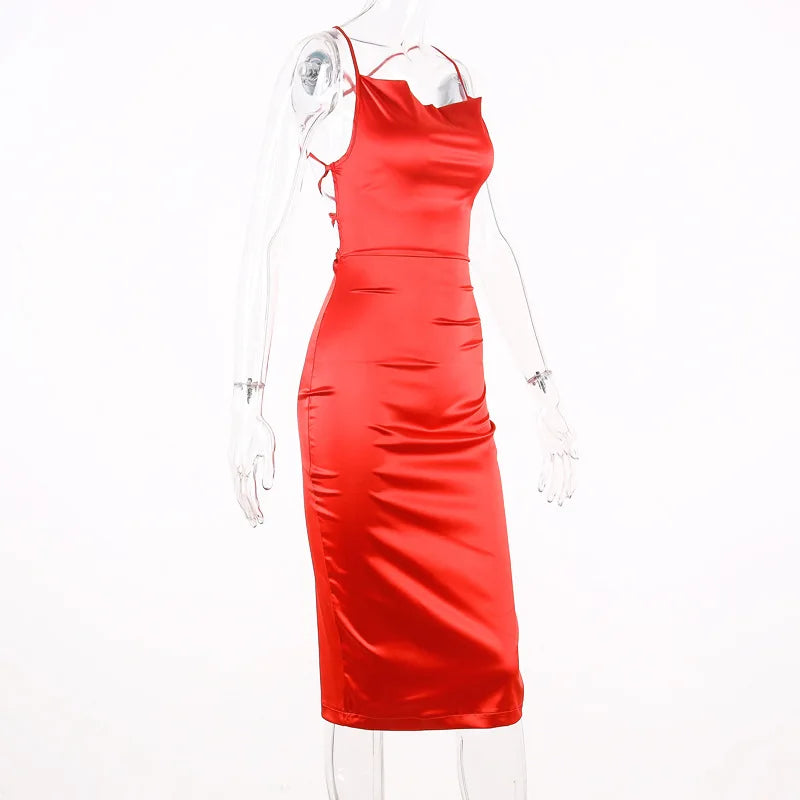 Neon Satin Lace Up Womens Light Pink Midi Dress Backless Bodycon Party Clubwear