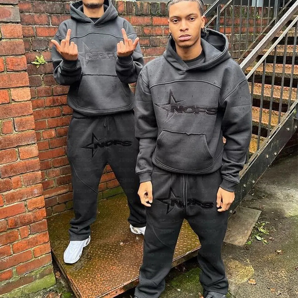 Hoodies Men Y2k Hip Hop letter Graphic Print Hooded Sweatshirt Punk Rock Oversized Pullovers Baggy Sweatpants Suits
