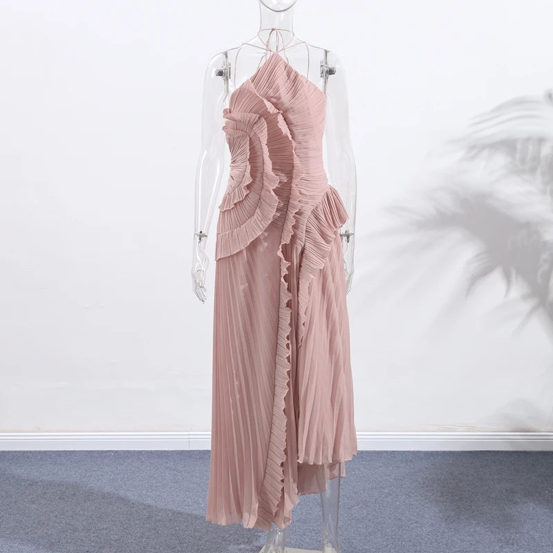 Gown Neck Strap Irregular Long Dress For Women Ruffle High Waist Backless Dress