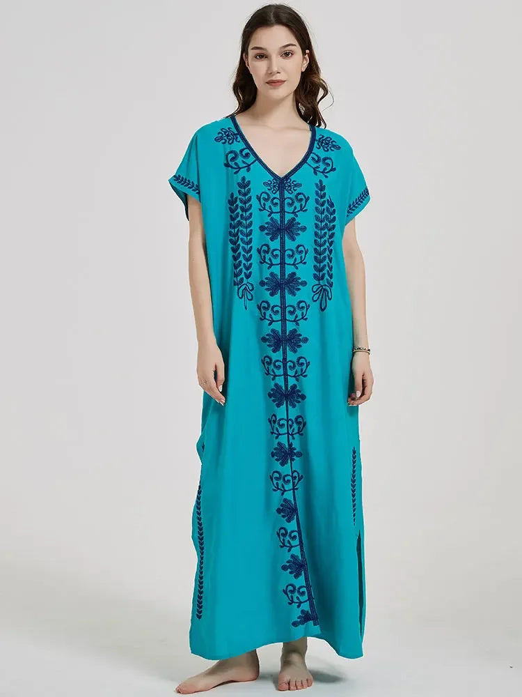 Embroidery Robe V-neck Batwing Sleeve Beach Maxi Dress Plus Size Loose Side Slit Summer Women Kaftans Dress Beachwear Q790