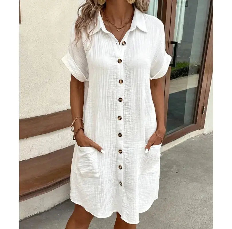 Summer Solid Short Sleeve Shirt Dress Women Turn Down Collar Casual Loose Fit