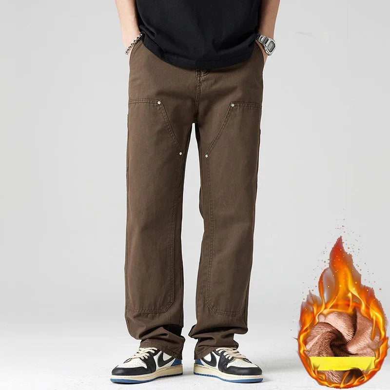 Men Pant Casual Straight Wide Leg Cargo Trouser Male Winter Fleece Lined Warm Cotton Loose Style Carpenter Streetwear