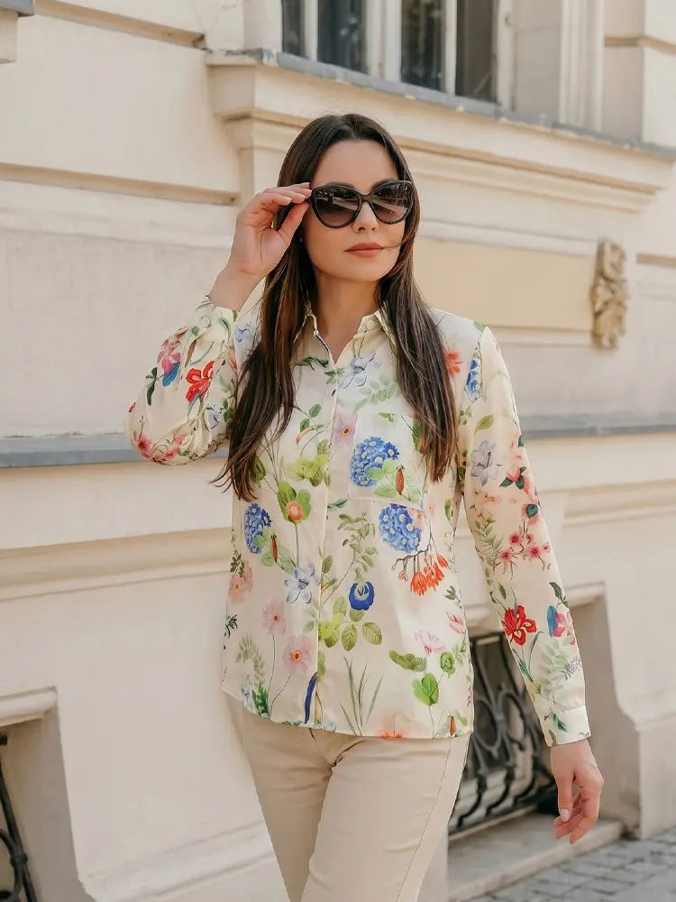 Women Fashion New Retro Flower Print Shirt Long Sleeve Single Breasted Lapel Tops Casual Outfits Blouse For Women Shirts