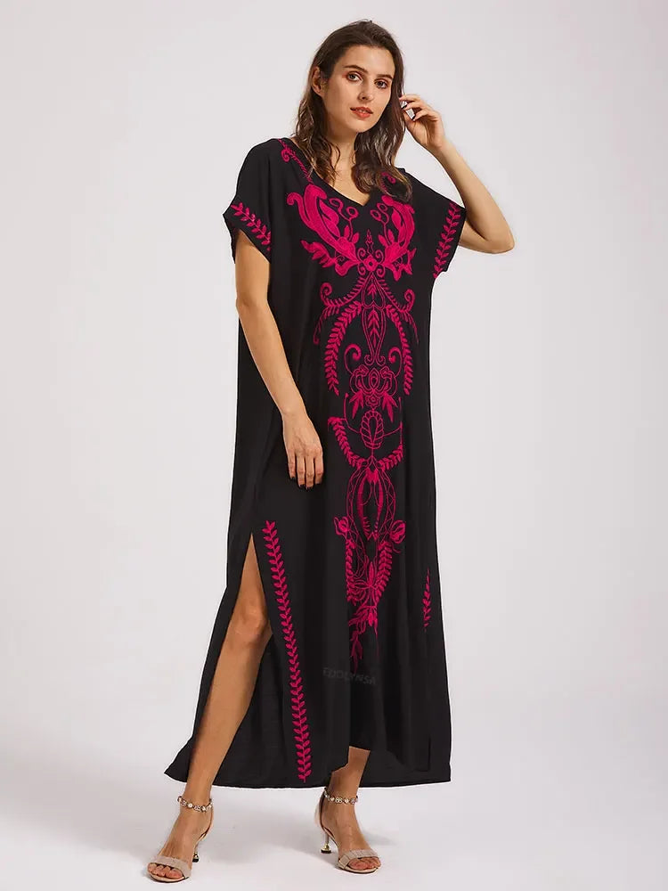Embroidery Robe V-neck Batwing Sleeve Beach Maxi Dress Plus Size Loose Side Slit Summer Women Kaftans Dress Beachwear Q790