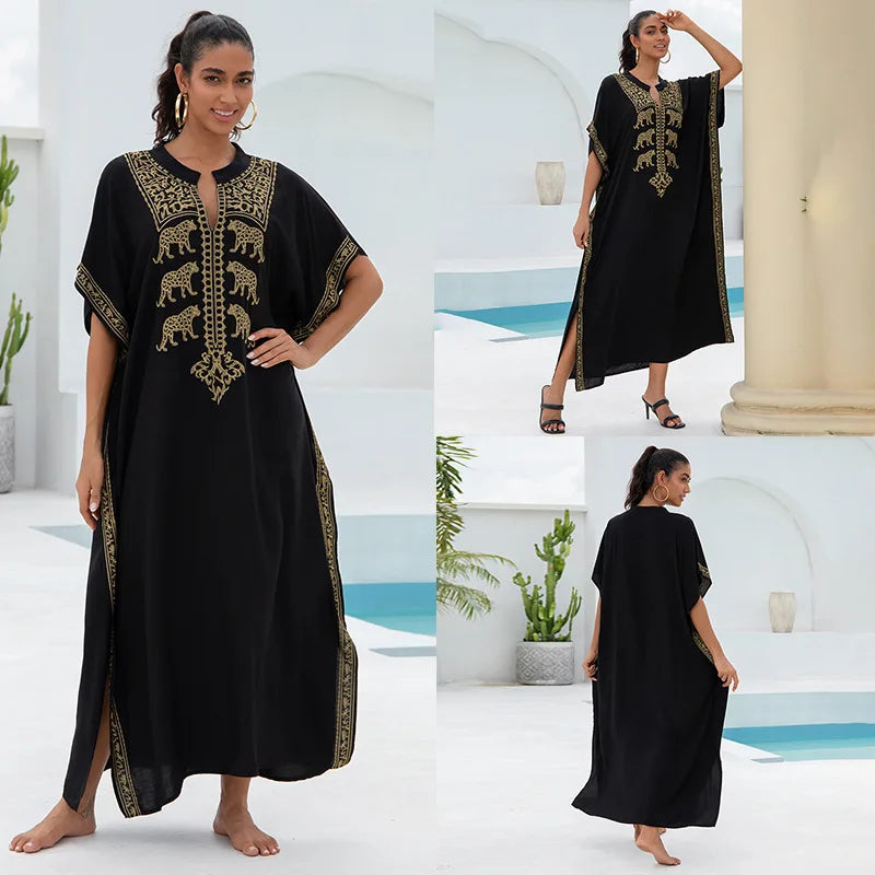 Embroidery Beach Kaftan Cover up Saida de Praia Swimsuit Bikini cover up Tunics for Beach Pareo Sarong Beachwear