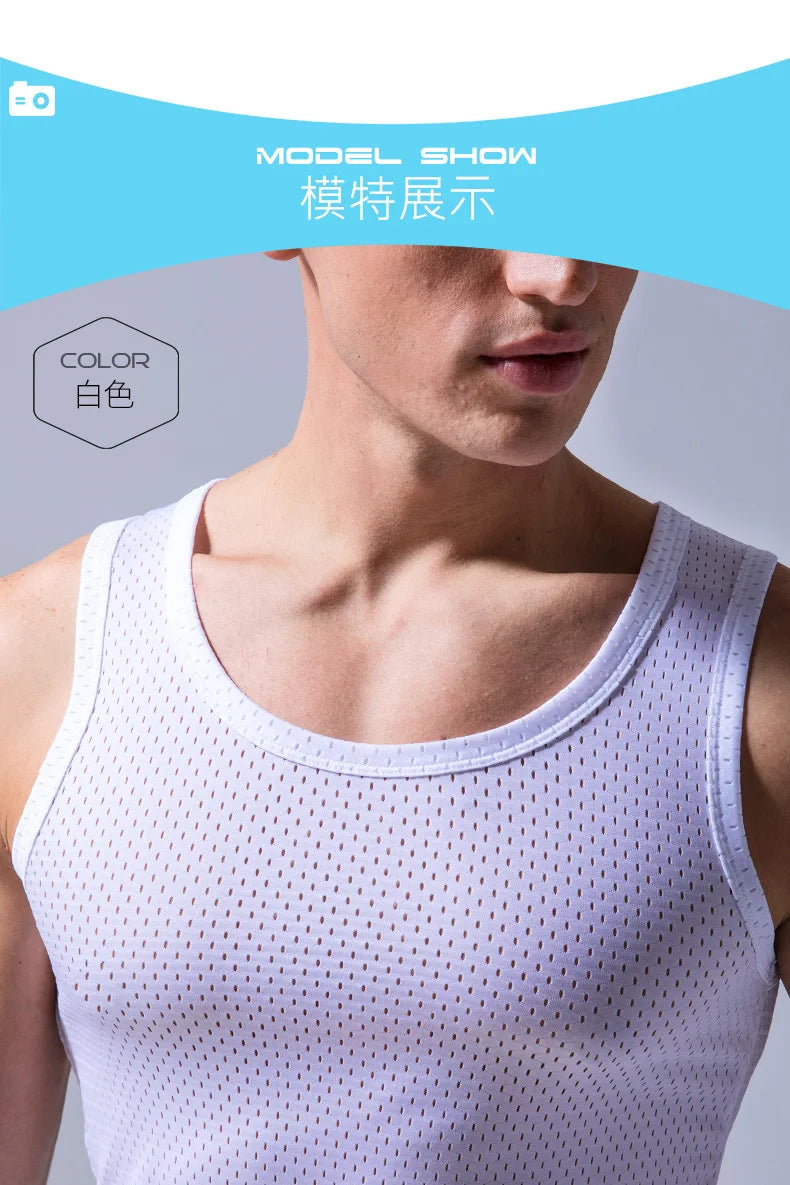 Men's Ice Silk Mesh Tank Tops Gym Stringer Transparent Bodybuilding Sleeveless Shirt Fitness Vest Male mesh Muscle Singlets