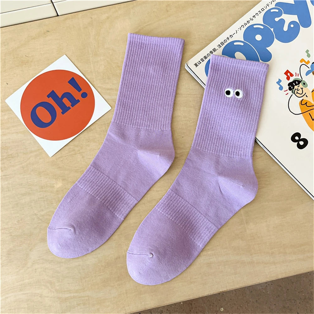 New Women's Embroidered Big Eyes Mid-Tube Socks Ins Trendy Colorful Cartoon Cute Soft Cotton Sports Sokken Dropship