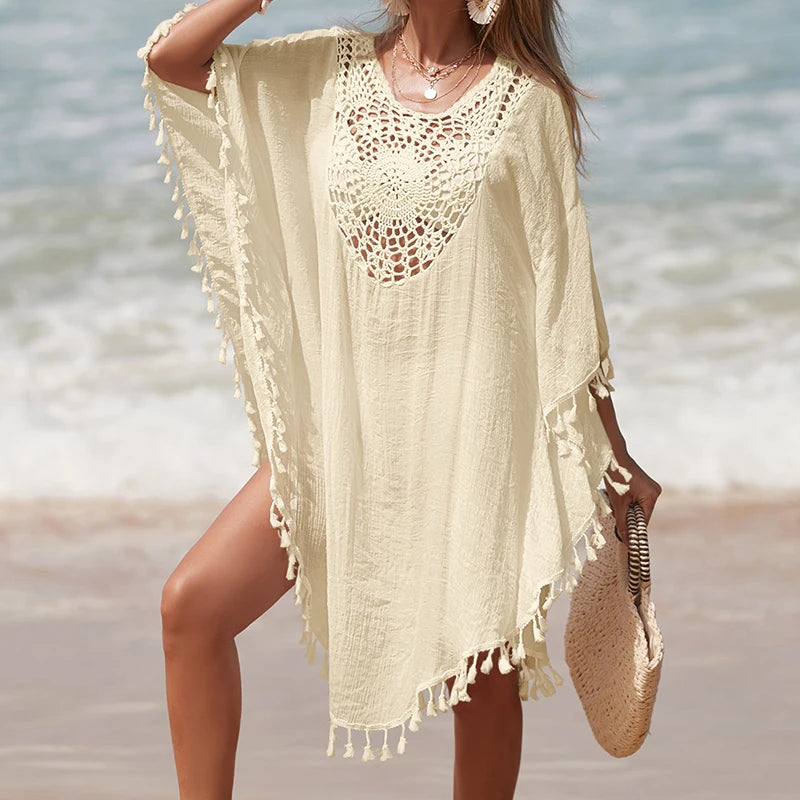 Women's Handmade Crochet Splicing Swimsuit Cover-Ups With Tassel Summer Holiday Beach Casual Loose Sunscreen Short Dress