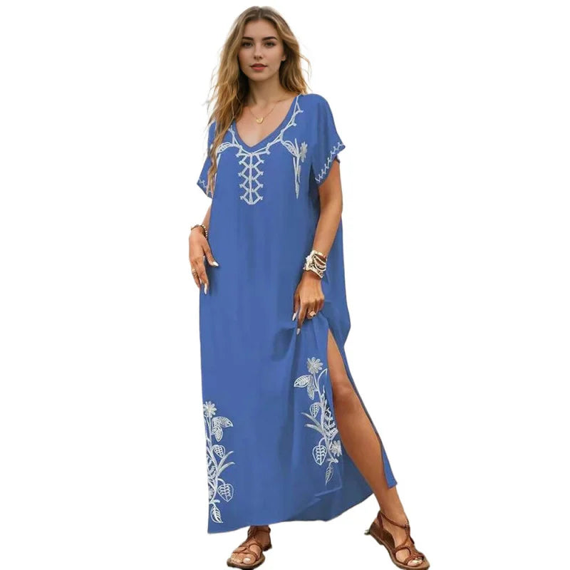 Kaftan dresses for women floral embroidery bathing suit cover up V neck caftan swimsuit coverup