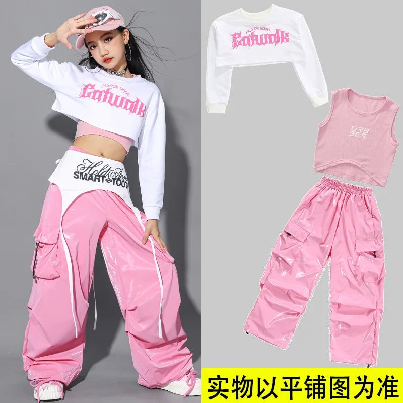 Jazz Dance Clothes For Girls Kpop Outfit Hip Hop Performance Wear Pink Shuffle Pants Kid Street Dance Show Fashion Suit