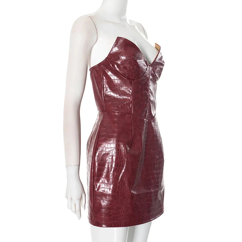 Luxury Leather Strapless Bandage Dress For Women Red Evening Cocktail 2025