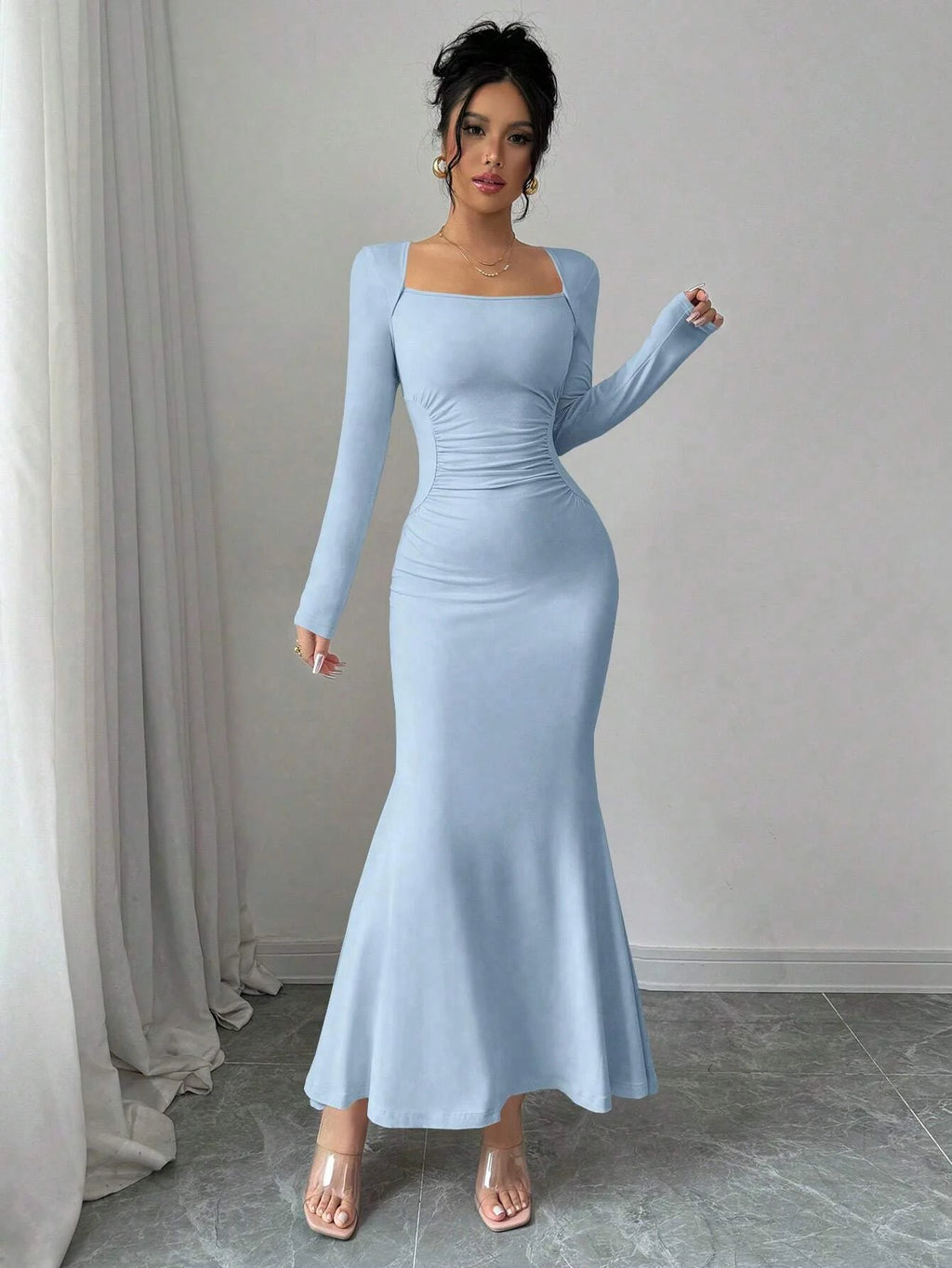 Women's Four Seasons New Style Women's Elegant Temperament Retro Solid Color Square Collar Long Sleeve Dress