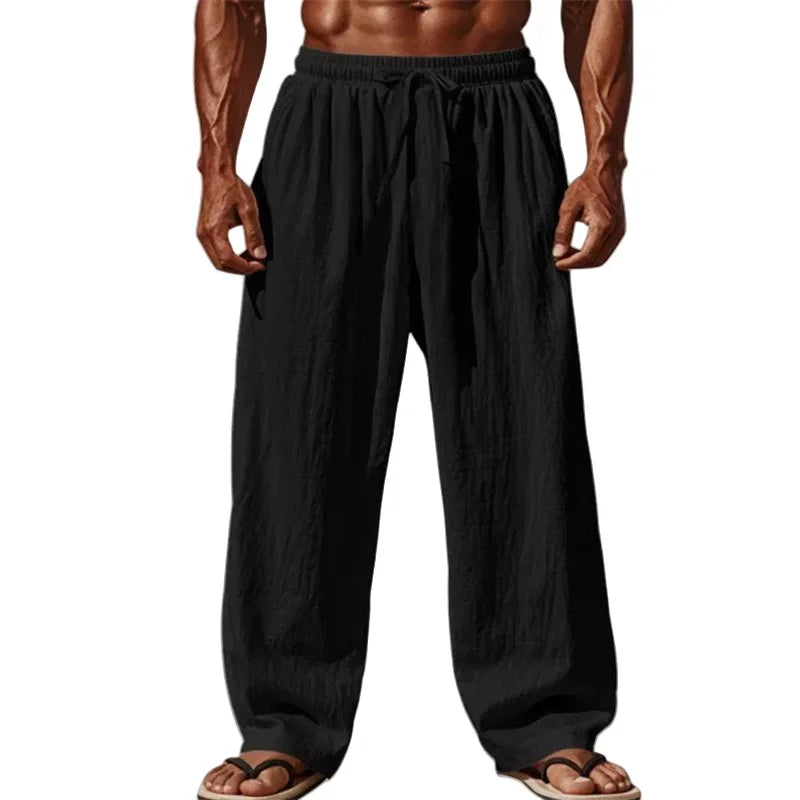 2026 Newest Linen Pants Men Summer Casual Breathable Solid Color Elastic Waist Loose Fit Wide Leg Trousers Lightweight Streetwea