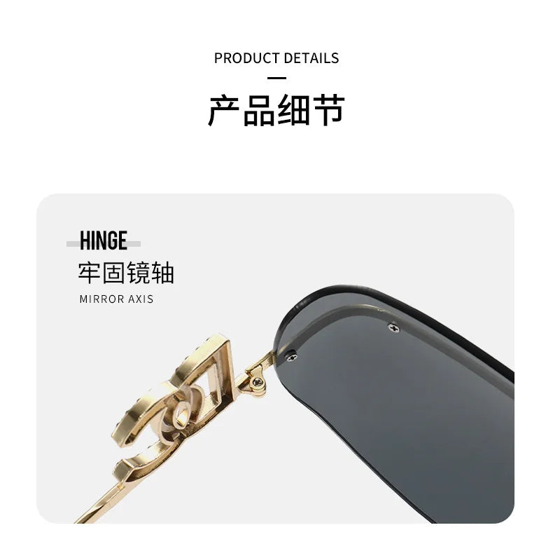 2026 Luxury Women Rimless Shield Aviator Sunglasses Gold Metal Frame Letter Accent Shades UV400 Eyewear for Women Lentes De Sol