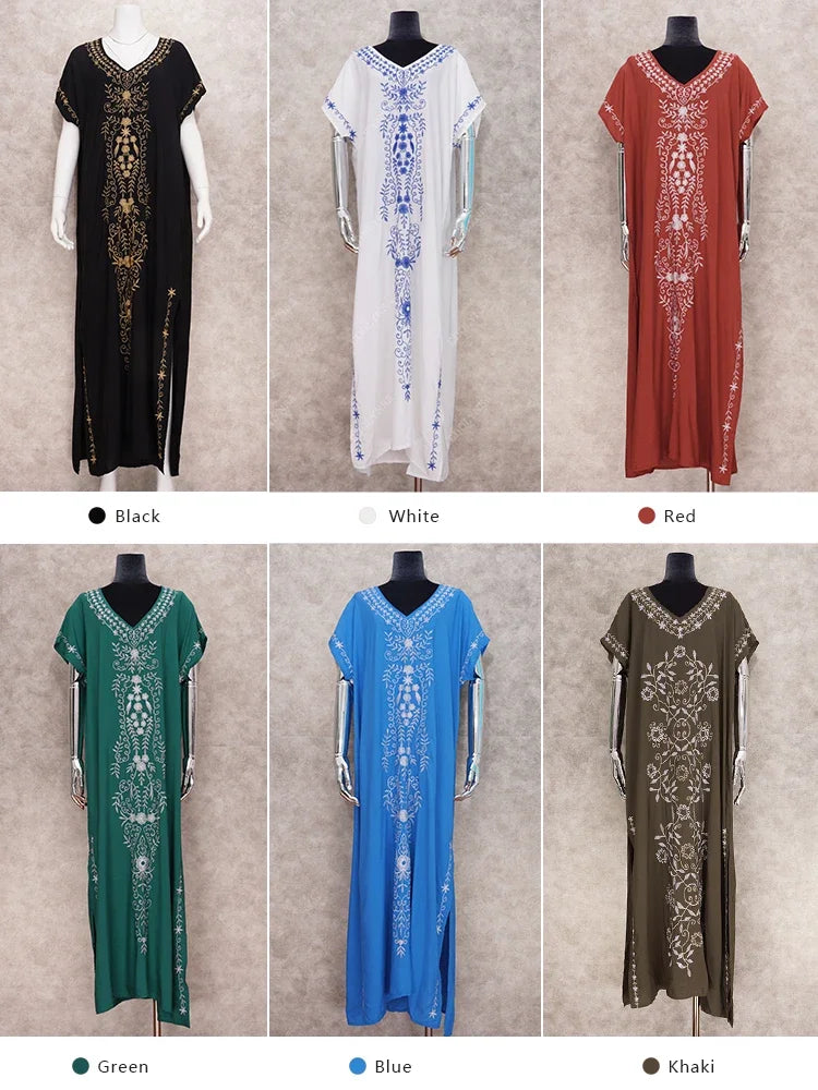 Embroidery Robe V-neck Batwing Sleeve Beach Maxi Dress Plus Size Loose Side Slit Summer Women Kaftans Dress Beachwear Q790