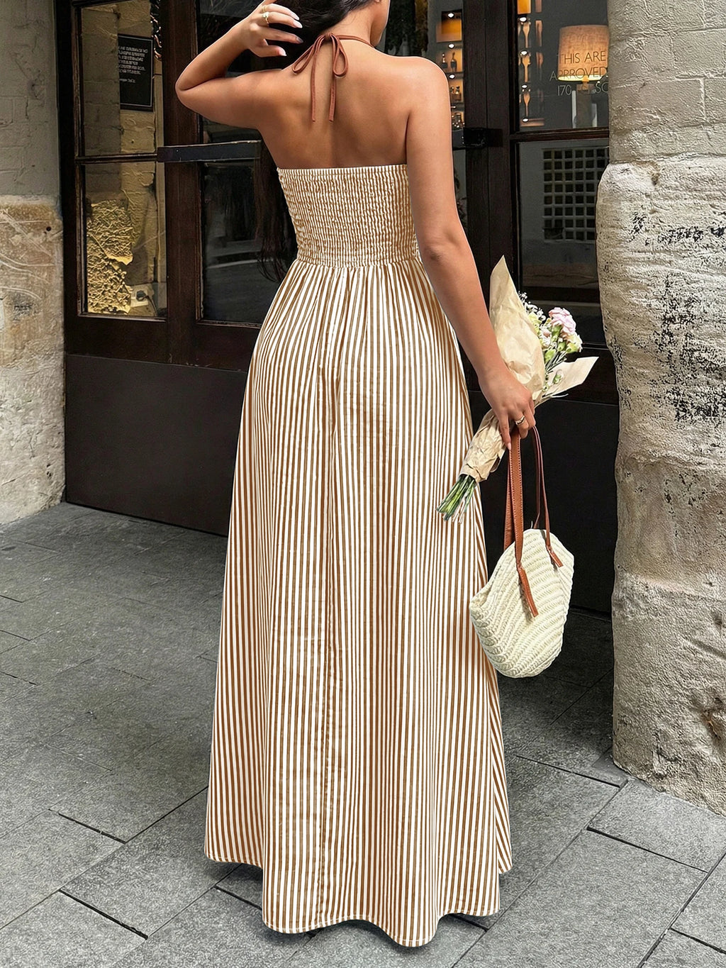 2026 Summer Striped Deep V Neck Backless Sleeveless Beach Long Dress