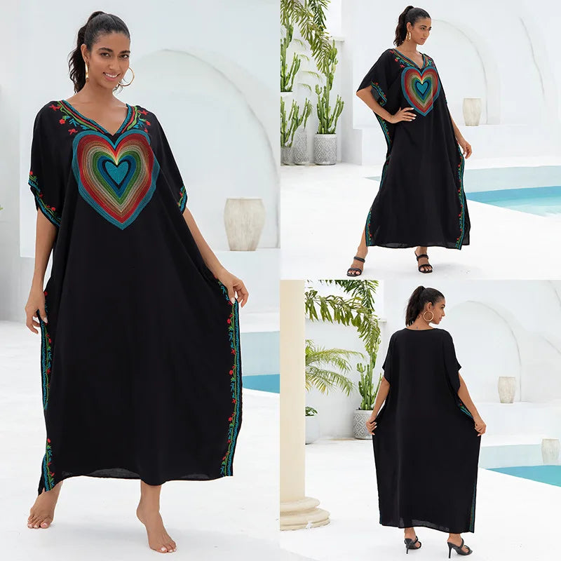 Embroidery Beach Kaftan Cover up Saida de Praia Swimsuit Bikini cover up Tunics for Beach Pareo Sarong Beachwear