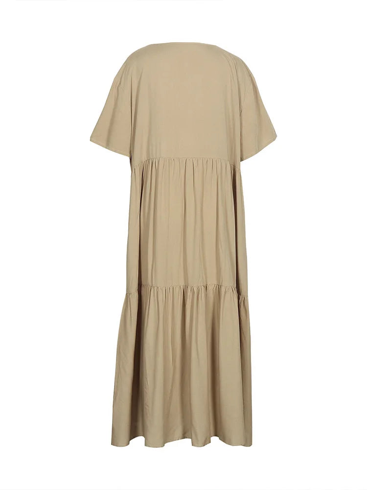 Plus Size Women's V Neck Pleated Solid Ankle Length Dress For Spring Summer