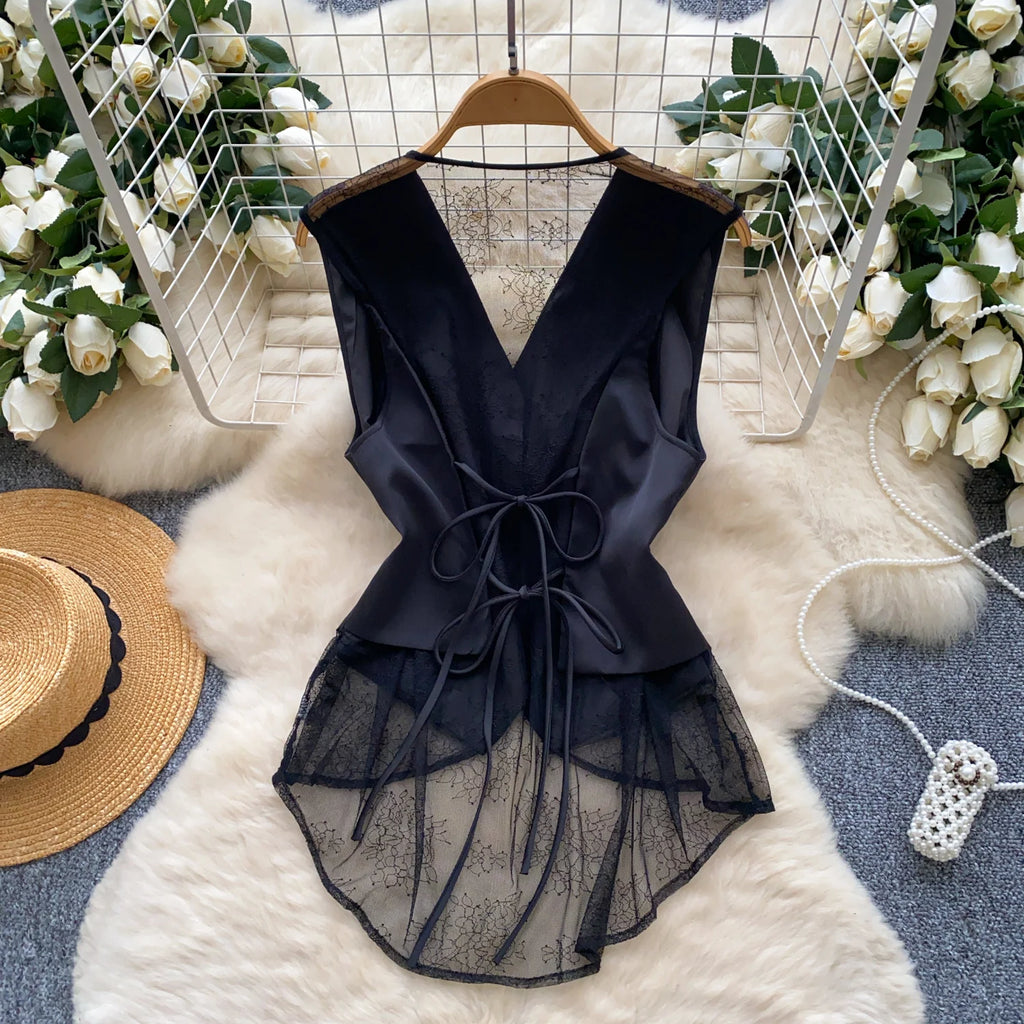 SINGREINY Backless Sexy Tank Vest Sleeveless Single Breasted V Neck Spliced Lace Skinny Sheer Irregular Summer Women Design Tops