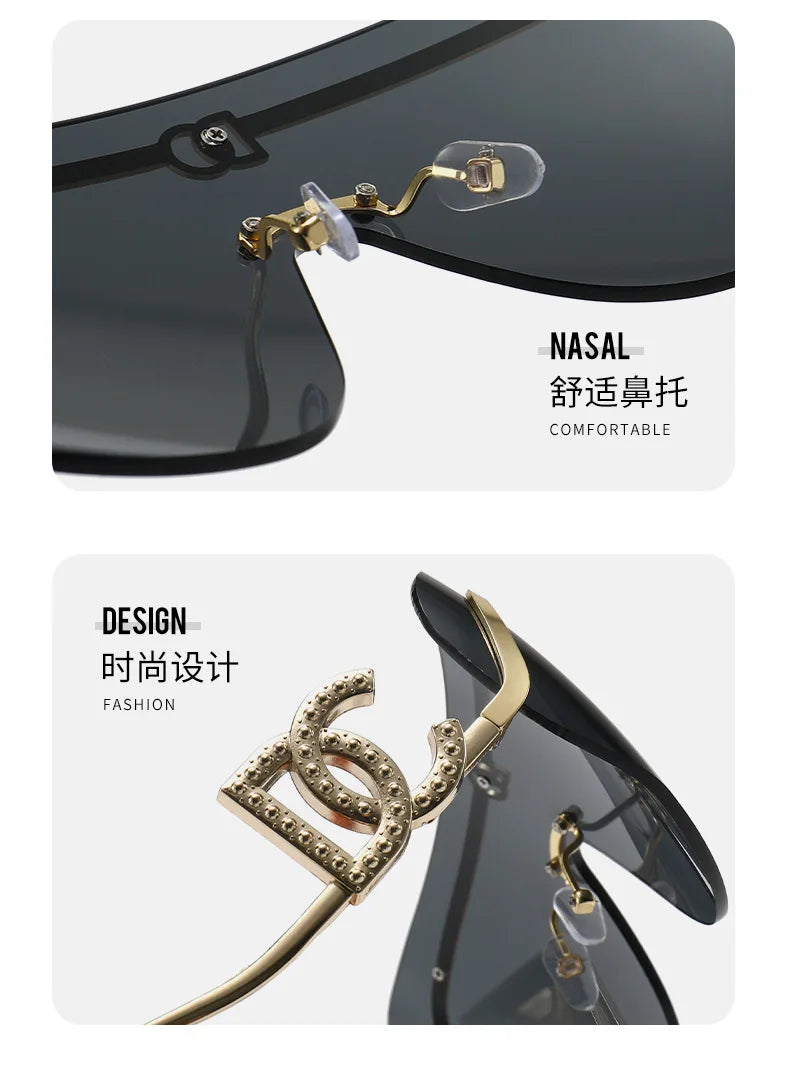 2026 Luxury Women Rimless Shield Aviator Sunglasses Gold Metal Frame Letter Accent Shades UV400 Eyewear for Women Lentes De Sol