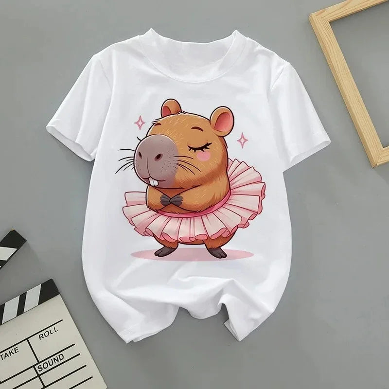 Summer Cartoon Cute Capybara Print Children T-shirt Short-sleeved Fashion Boys and Girls Round-neck Baby Kid Tshirt Trend