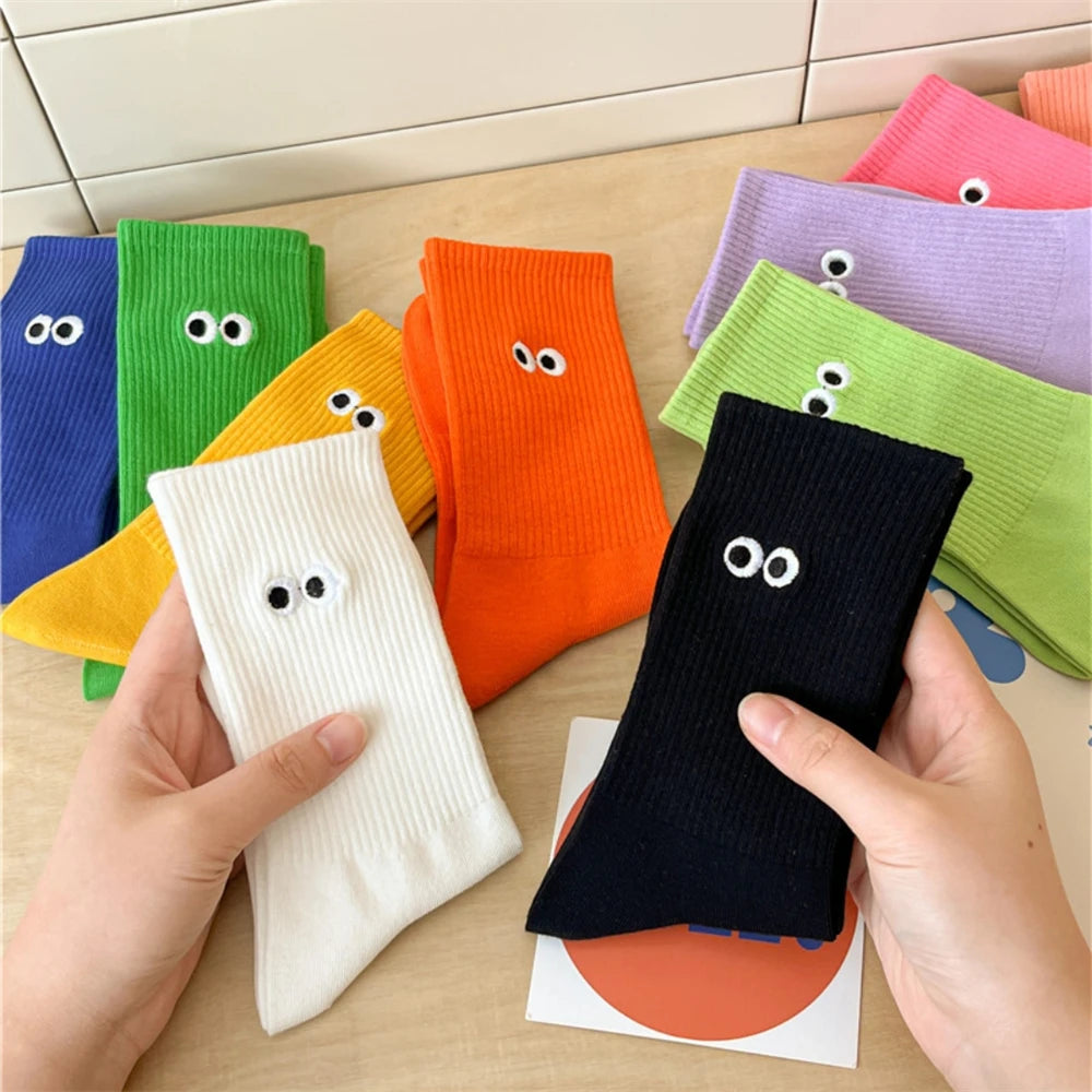 New Women's Embroidered Big Eyes Mid-Tube Socks Ins Trendy Colorful Cartoon Cute Soft Cotton Sports Sokken Dropship