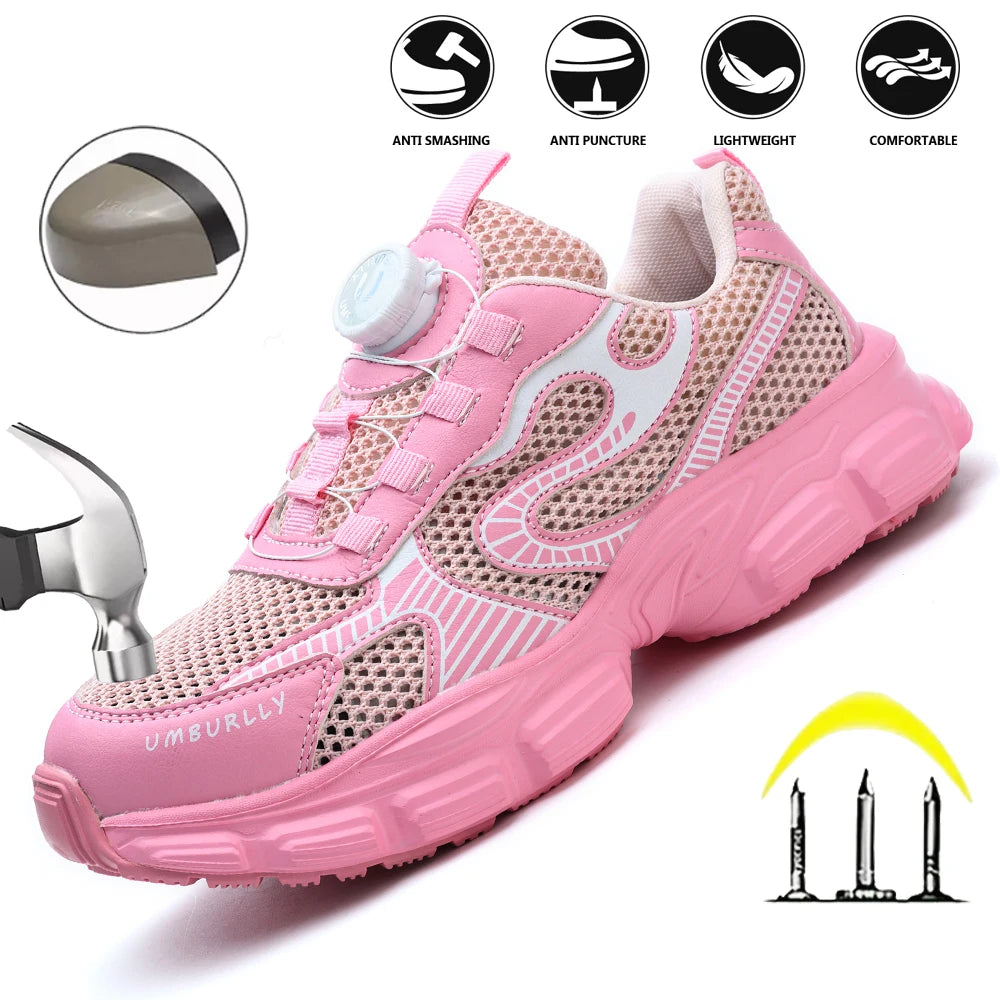 Summer Button Women's Steel Toe Safety Shoes Breathable Upper Work Shoes for Factory Workshop Smashing Comfortable Ladies Work F