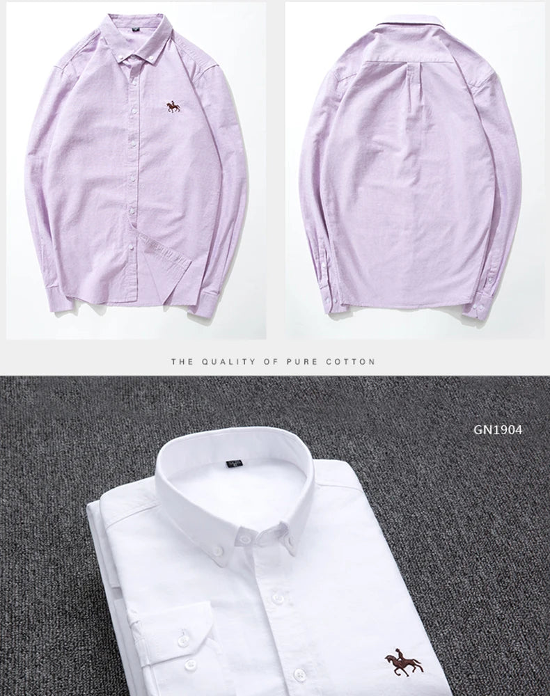 Casual Pure Cotton Oxford Mens Shirts Long Sleeve Embroidery Horse Design Regular Fit Fashion Button Man White Dress Shirt