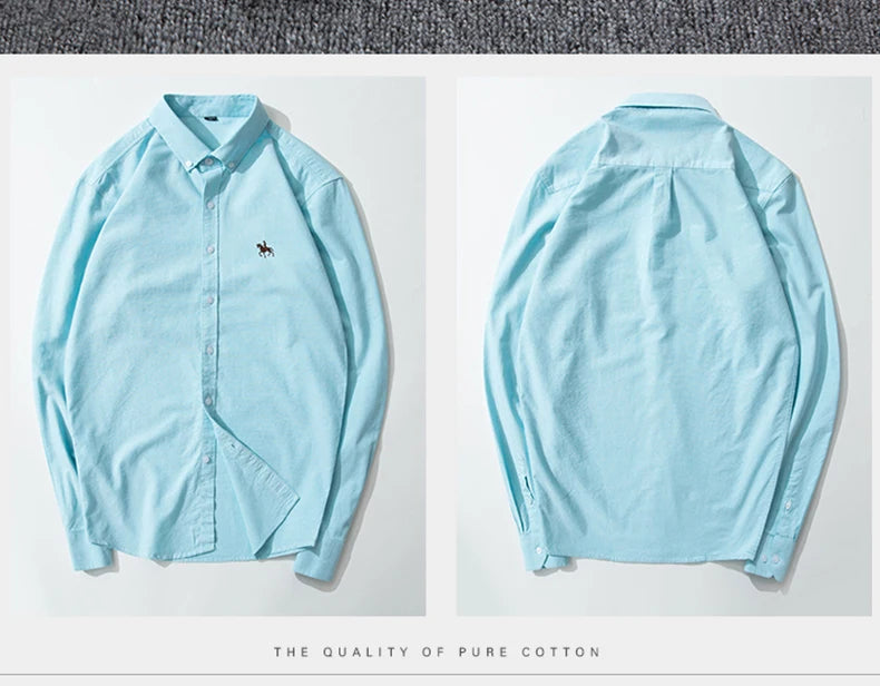 Casual Pure Cotton Oxford Mens Shirts Long Sleeve Embroidery Horse Design Regular Fit Fashion Button Man White Dress Shirt