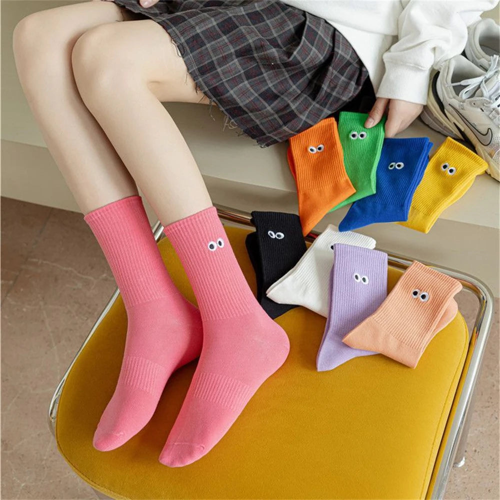 New Women's Embroidered Big Eyes Mid-Tube Socks Ins Trendy Colorful Cartoon Cute Soft Cotton Sports Sokken Dropship