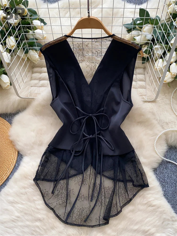 SINGREINY Backless Sexy Tank Vest Sleeveless Single Breasted V Neck Spliced Lace Skinny Sheer Irregular Summer Women Design Tops