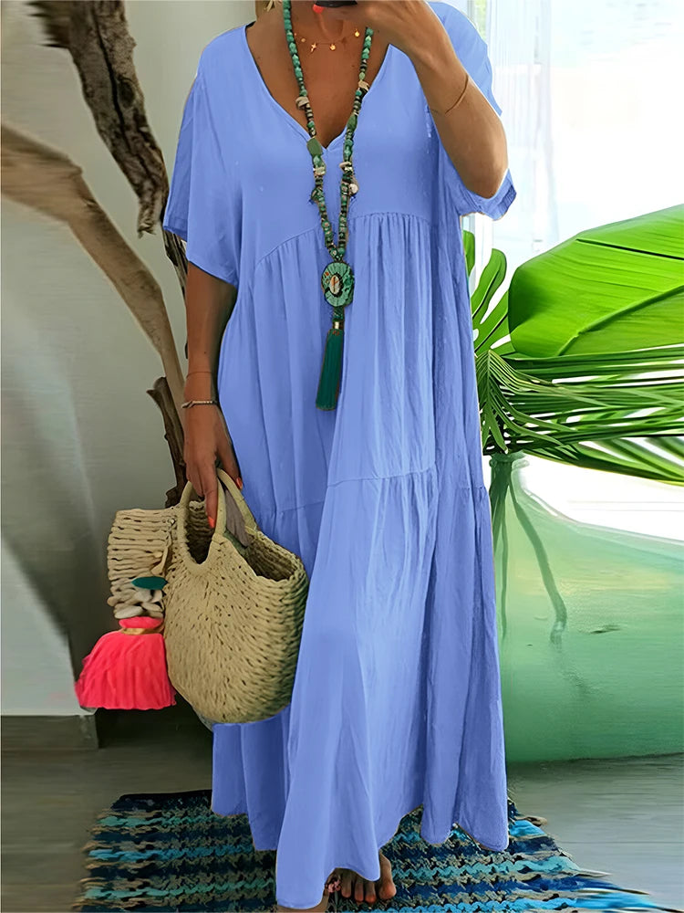 Plus Size Women's V Neck Pleated Solid Ankle Length Dress For Spring Summer