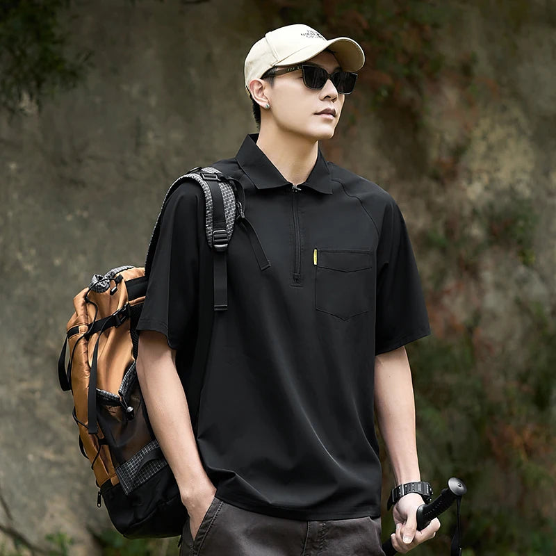 Men's Short Sleeve Polo Shirt Men Tactical Work T-shirt with Pocket Outdoor Quick Dry Fishing Sports Golf Zipper Polo Shirt Tops