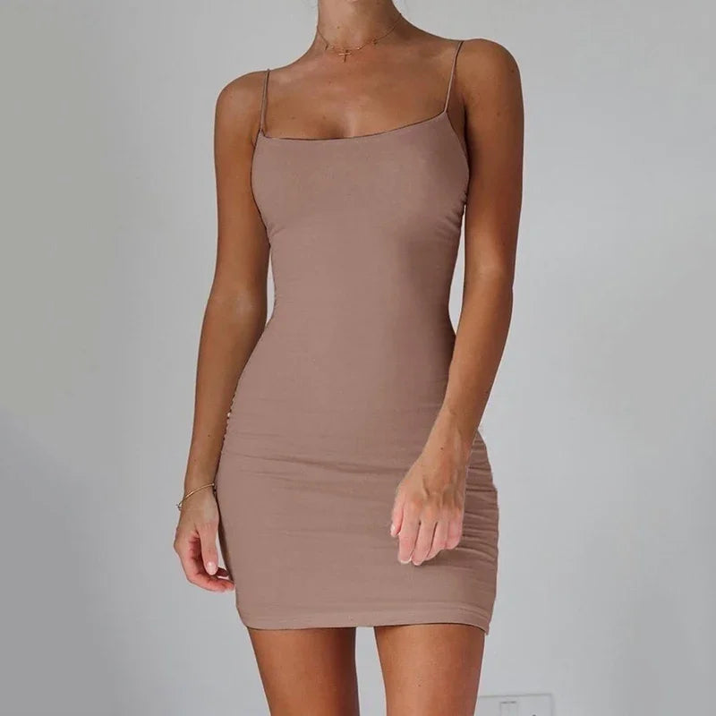 Summer Spaghetti Strap Mini Bodycon Dress Women Club Party Sundress Solid Black