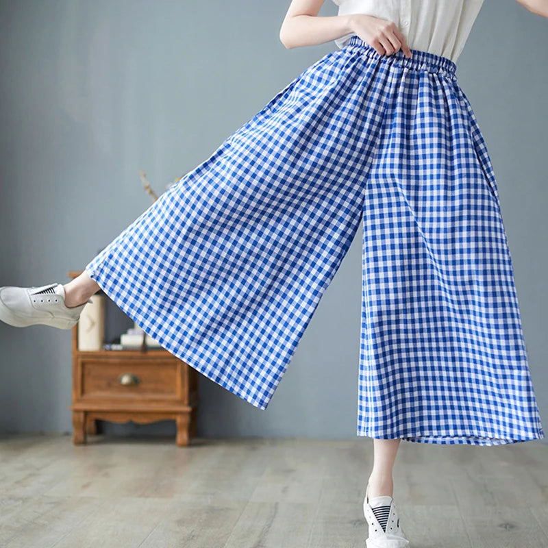 2024 Spring Elegant Woman Dress Plaid Pants Thin Cotton Linen Wide Leg Trousers Women High Waist Baggy Jogger Pants Sweatpants