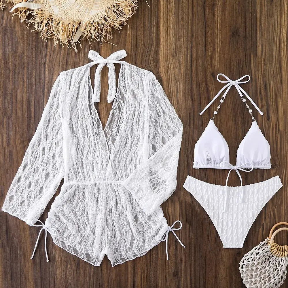 3Pcs/Set Fashion Summer Women Swimsuit Long-sleeve Mesh Cover Up Bikini Set Vacation Casual Beachwear for Beach