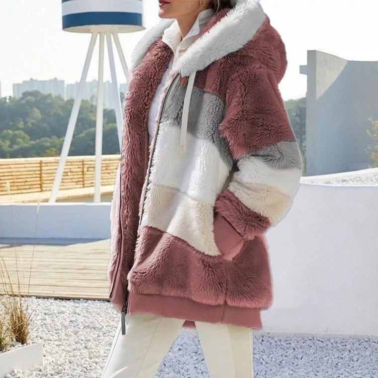 Women Oversized Plush Hoodie Coat Winter Outerwear Jacket With Pockets