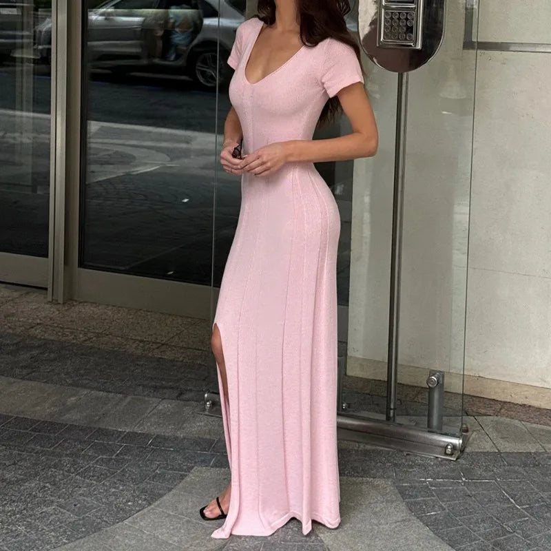 Ribbed Knit Maxi Dress for Women Deep V Neck High Slit Patchwork Party Dress