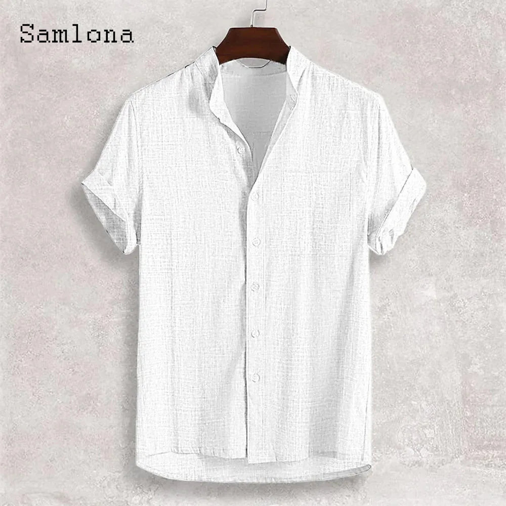 Men Short Sleeve Board Shirt Clothing 2025 New Summer Collarless Top Solid Green Linen Blouse Plus Size Mens Casual Beach Shirts