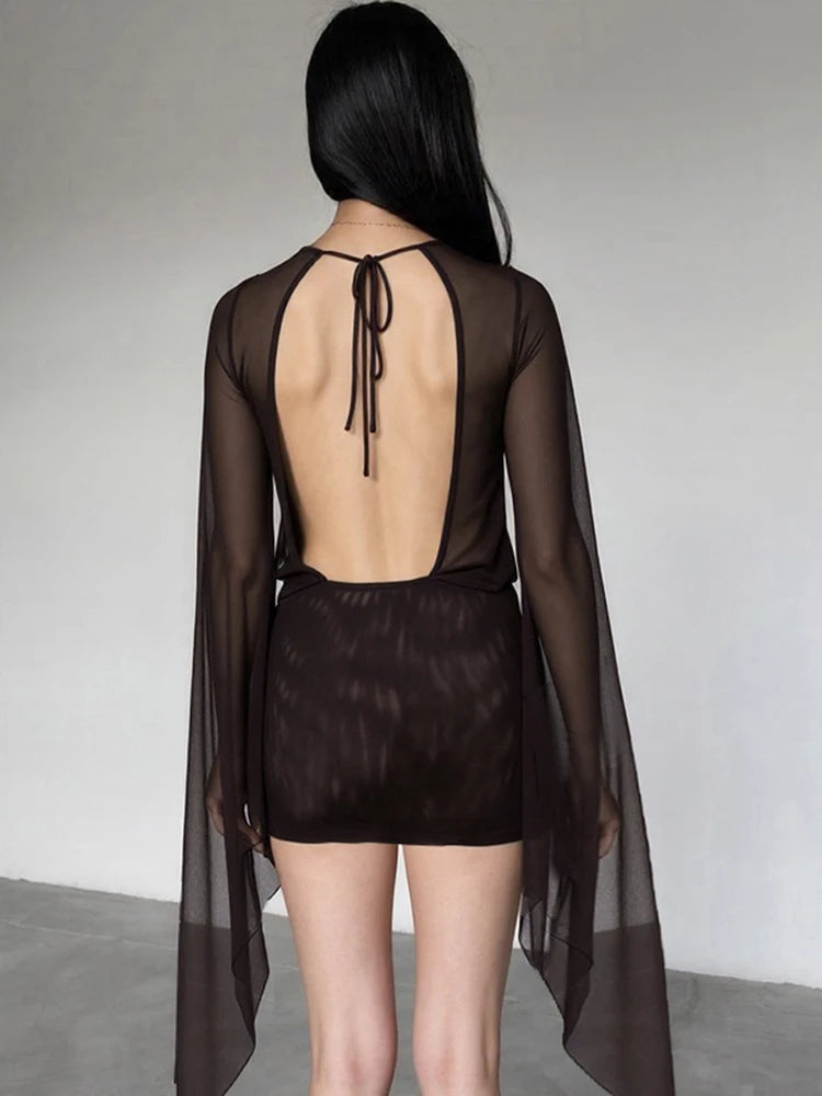 Kliou Mesh Irregular See Through Women Mini Dress Long Sleeve Deep Neck Bandage