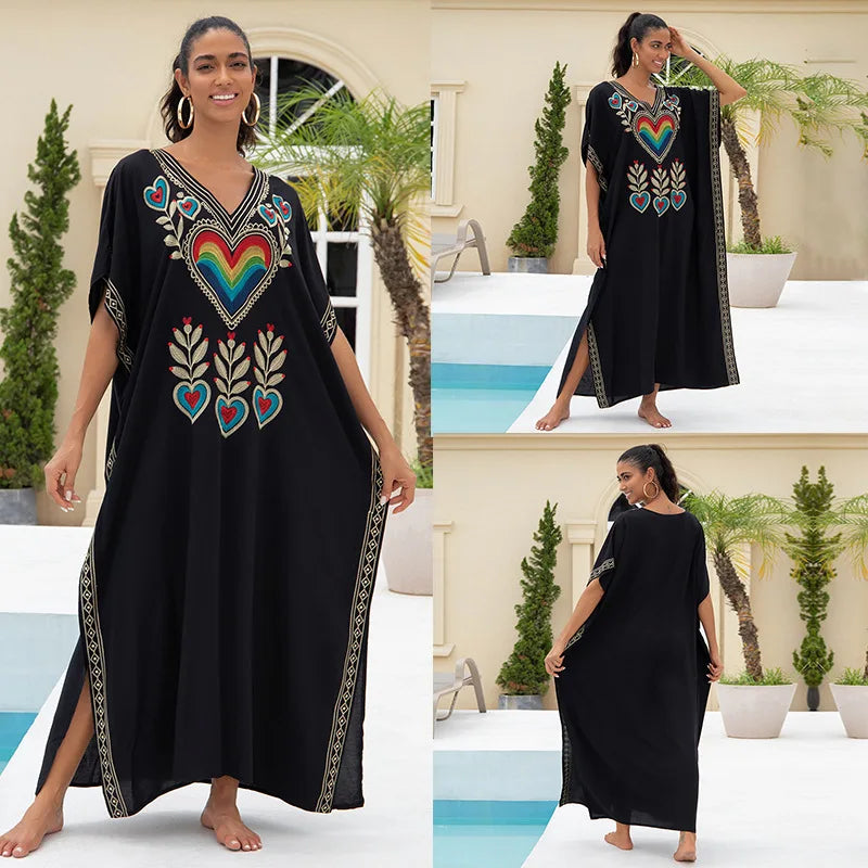 Embroidery Beach Kaftan Cover up Saida de Praia Swimsuit Bikini cover up Tunics for Beach Pareo Sarong Beachwear