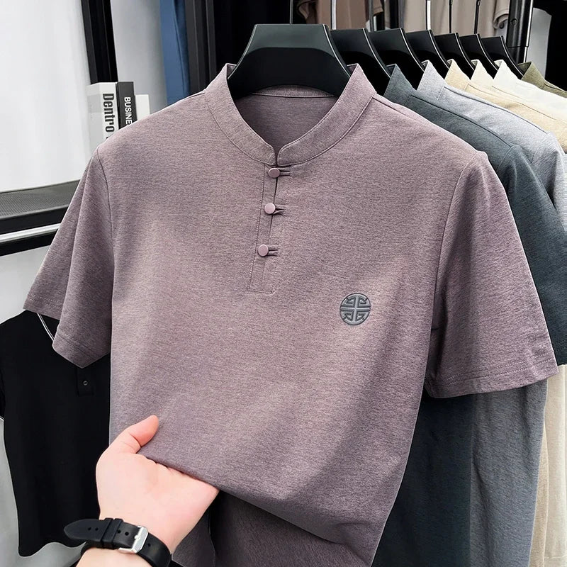 Men's Mandarin Collar Short Sleeve T-Shirt Casual Chinese Style Button Henley Shirt