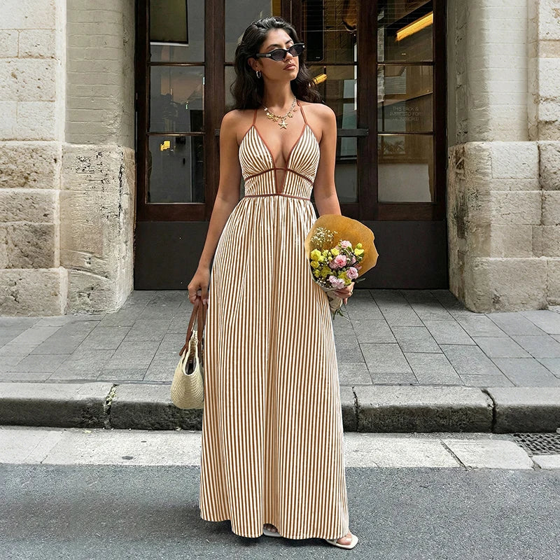2026 Summer Striped Deep V Neck Backless Sleeveless Beach Long Dress
