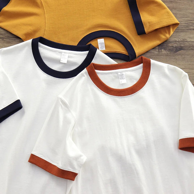 Summer American Retro 260G Heavyweight Contrasting Color T-shirt Men's Amei Kaji 100% Cotton Short Sleeve O-neck Tops Ringer TEE