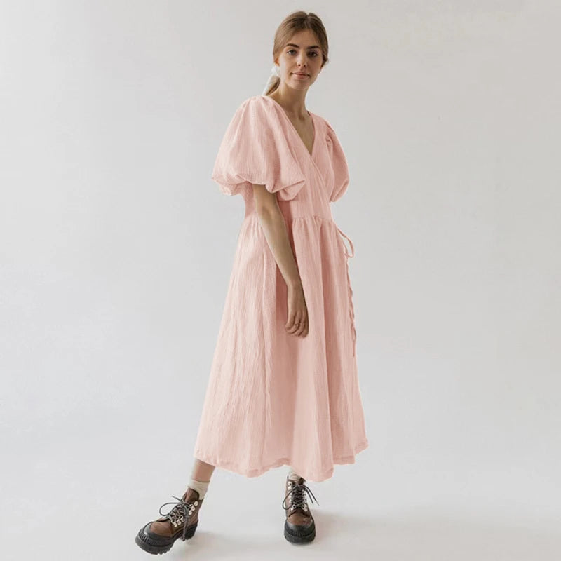 Puff Sleeve Maxi Dress For Women Muslin Crepe Gauze V-Neck  Bandage Lace Elegant Long Birthday Party Dress