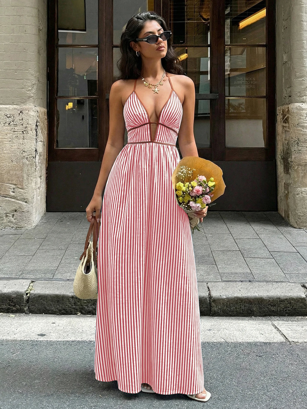 2026 Summer Striped Deep V Neck Backless Sleeveless Beach Long Dress
