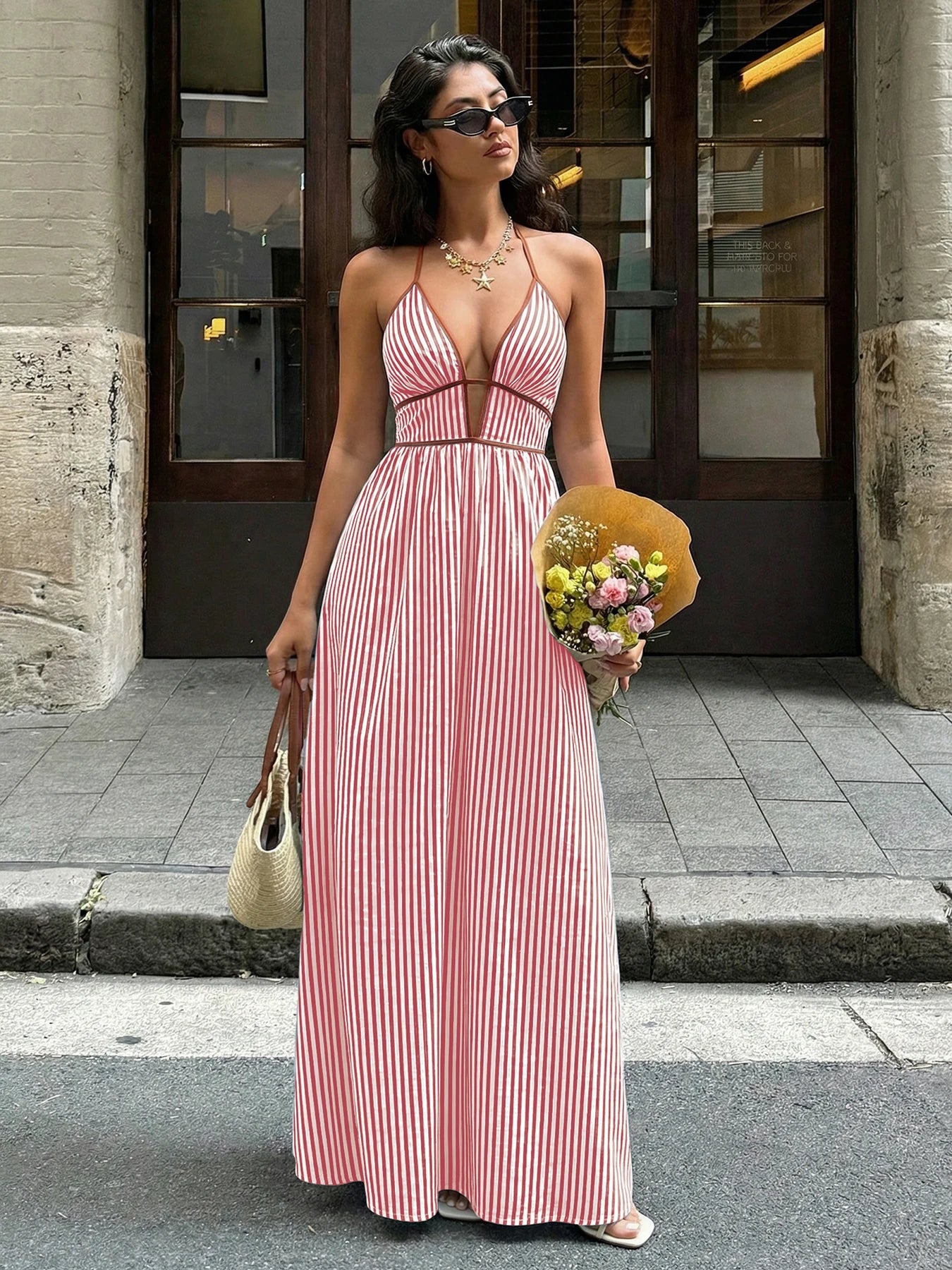 2026 Summer Striped Deep V Neck Backless Sleeveless Beach Long Dress